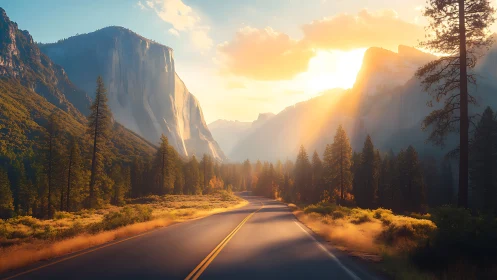 Sunlit mountain highway recedes through atmospheric valley haze