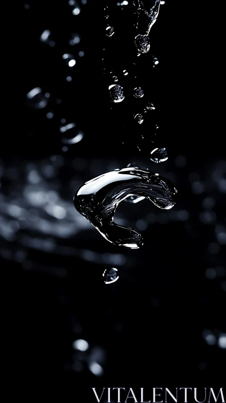 Sculpted water droplet hangs in dramatic noir lighting
