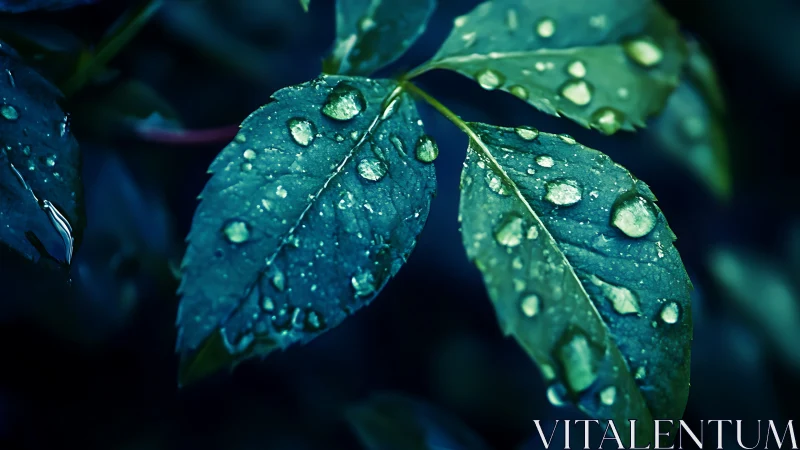 Rain-kissed green leaves glow softly in moody twilight