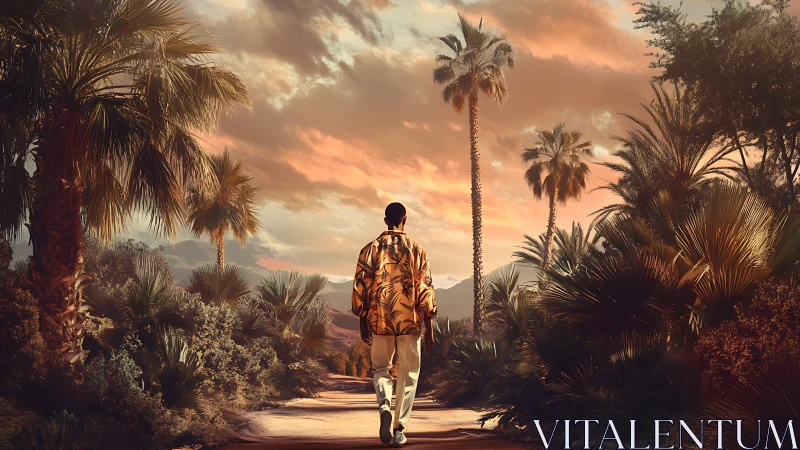 Sunset wanderer strolls a tranquil palm-lined desert path
