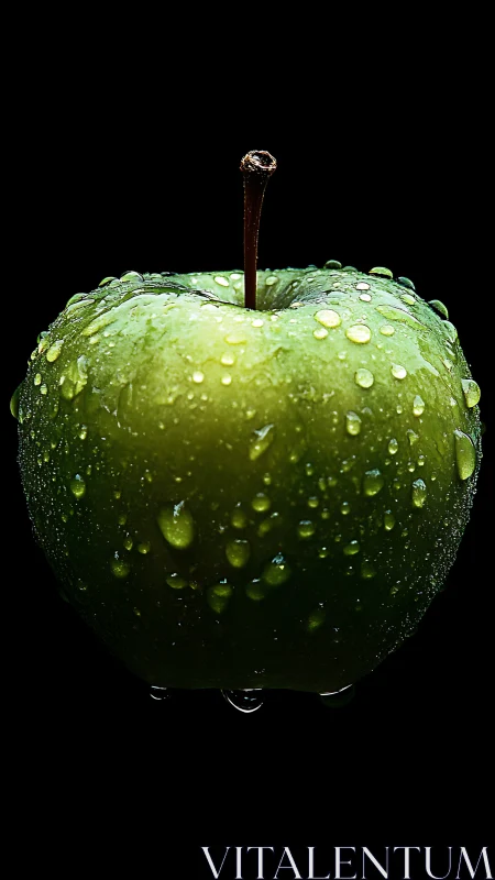 Macro green apple with dew droplets on black background.
