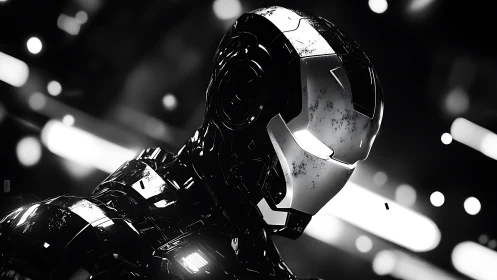 Battle-worn futuristic robot helmet in monochrome light.