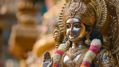 Golden Hindu deity statue adorned with flowers and jewels.
