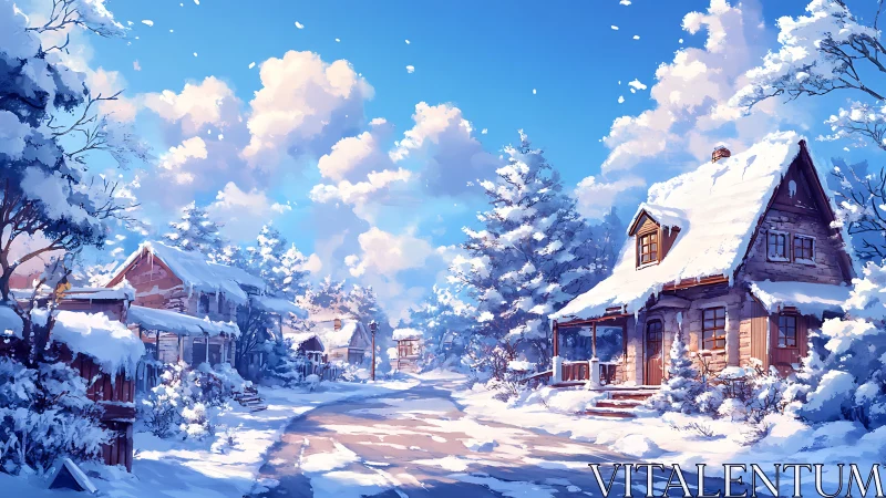 Snowy village lane under bright winter morning sky.