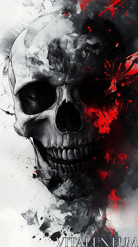 Skull emerging through abstract ink and crimson fractures.