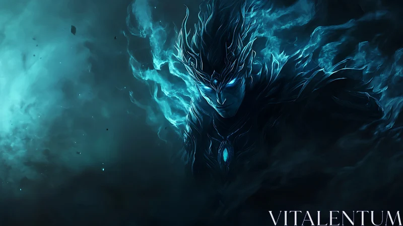 Dark spectral warrior with glowing blue eyes in mist.