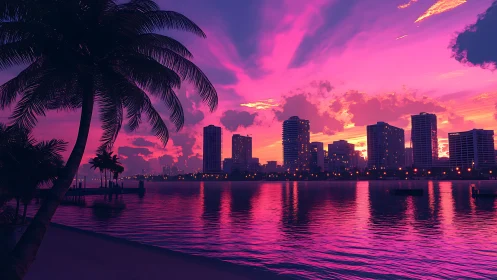 Tropical waterfront city skyline under vivid magenta sunset