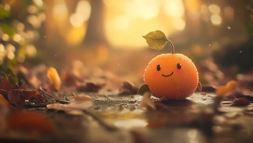 Cute orange character on forest path in warm light.