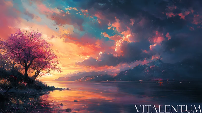 Radiant lakeside sunset renders high-saturation atmospheric depth