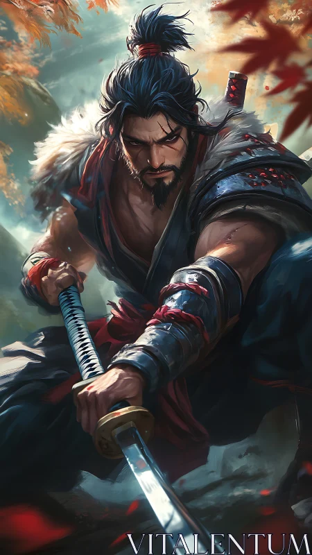 Samurai warrior in crouched stance with drawn katana blade.