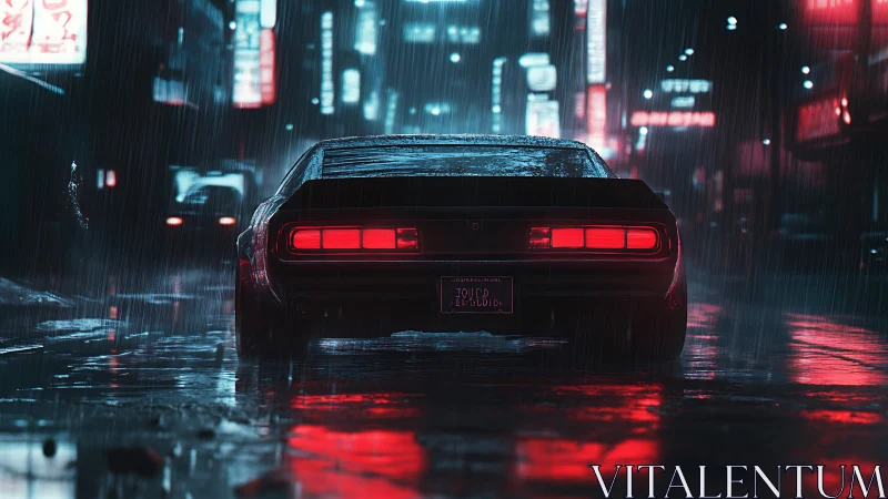 Muscle car idles under neon rain in dark urban street