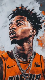 Digital portrait of tattooed athlete in orange jersey.