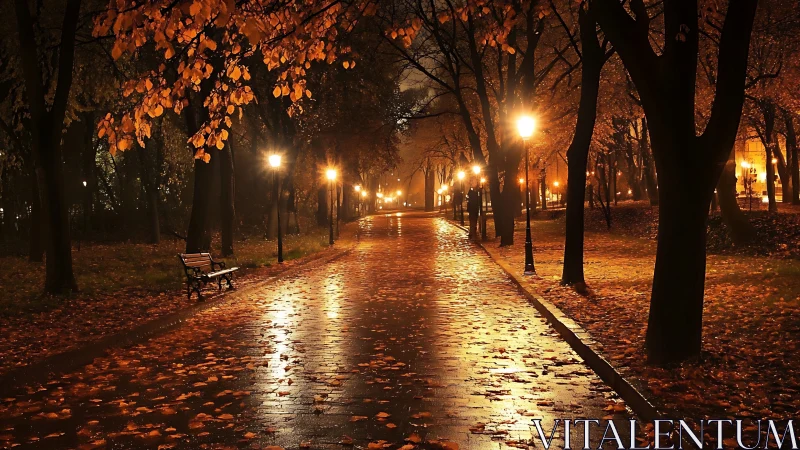 Autumn park pathway under glowing night lamplights.
