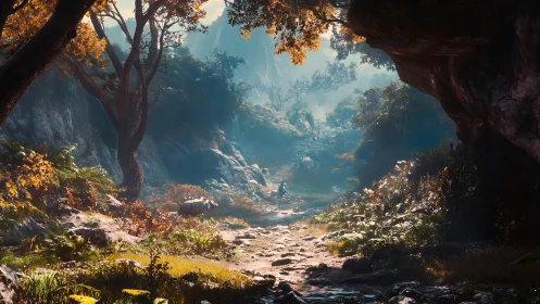 Cave opening with valley landscape, autumn foliage visible.