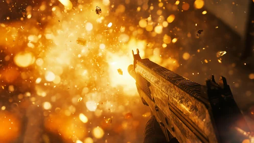 Weapon against golden bokeh particles in dispersed motion.