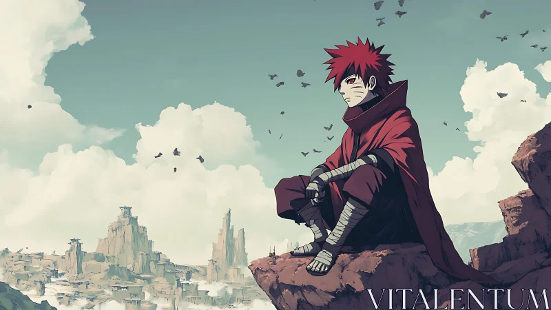 Red‑haired anime warrior rests on rocky desert cliff edge.