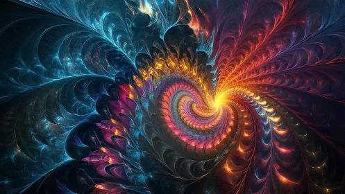Radiant fractal vortex swirls through deep cosmic darkness