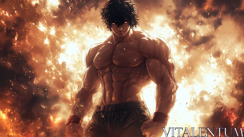 Muscular anime warrior emerges from blazing inferno backdrop.