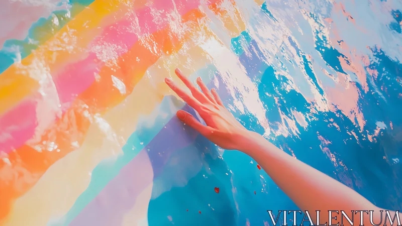 Hand reaching across reflective rainbow water surface.