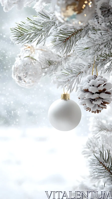 Snowy Christmas tree branch with soft white ornament glow.