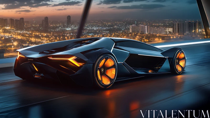 Futuristic electric hypercar on illuminated city bridge at dusk