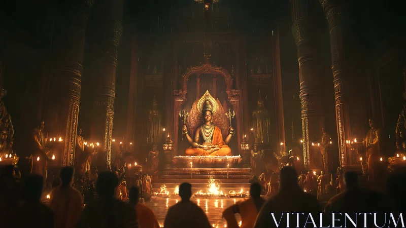 Central multi-armed deity statue in torchlit temple hall.