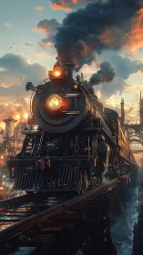 Steam titan storms a twilight skybridge above glowing city.