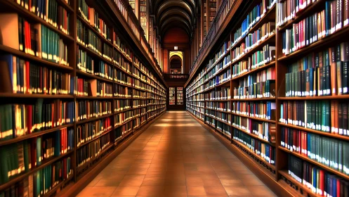 Symmetric library corridor with vaulted ceiling and warm lighting