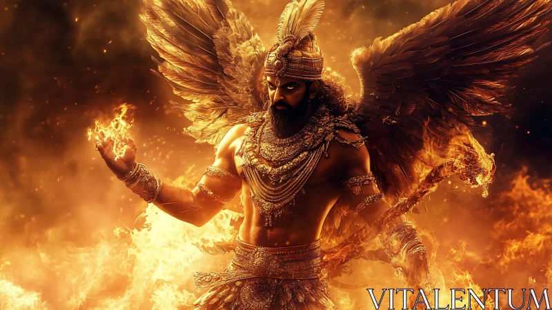 Winged fire demigod rises amid molten inferno blaze.