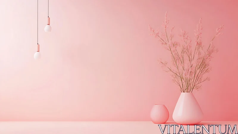 Soft pink still life with vases and gentle hanging lights.