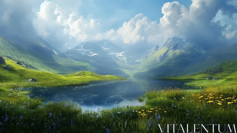 Serene alpine lake reflects sunlit mountains and lush meadows