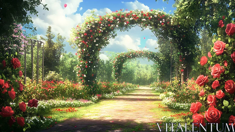 Sunlit rose archway inviting quiet walks and gentle daydreams.