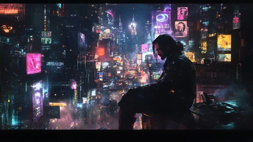 Rain-soaked cybernetic drifter overlooking neon megacity grid.