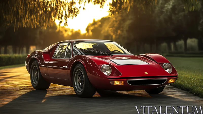 Red mid-century sports coupe on sunlit tree-lined road.