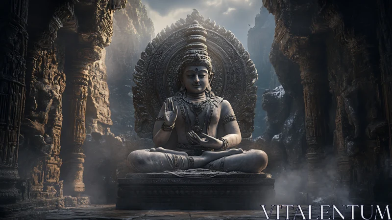 Silent stone guardian in a misty mountain sanctuary.