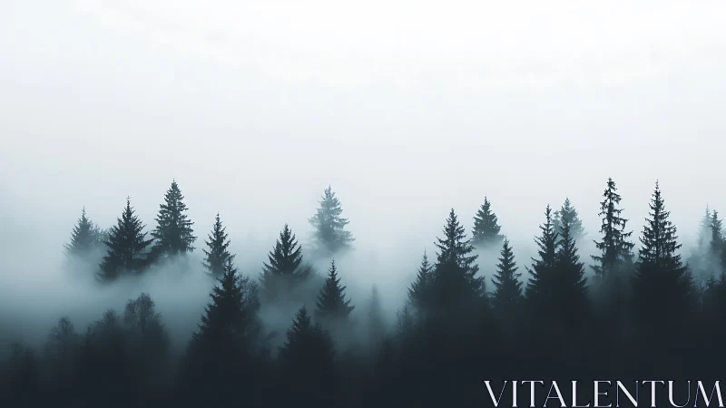 Misty Forest with Silhouetted Evergreen Trees.