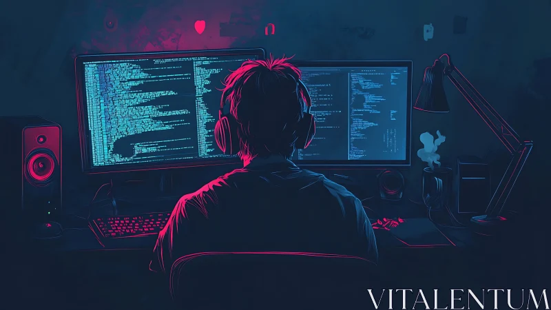 Late-night coder wrapped in neon glow and quiet focus.