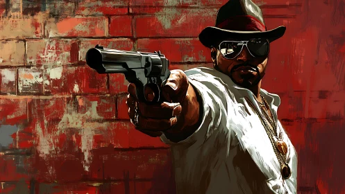 Street noir gunslinger stares down destiny in red haze.