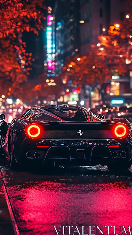 Neon-lit supercar rear profile under wet city nightscape.