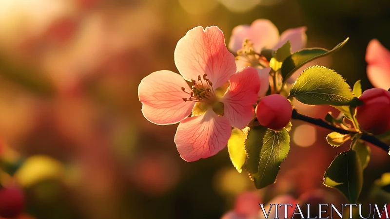 Pink apple blossoms illuminated by golden hour sunlight.