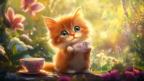 Felid figure with beverage vessels in botanical environment.