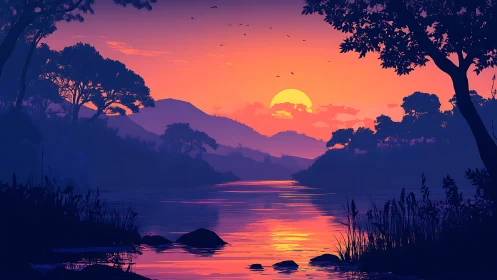 Layered river valley sunset uses silhouettes and gradient sky lighting