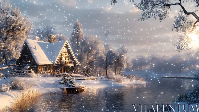 Digital painting of serene riverside cabin in falling snow.