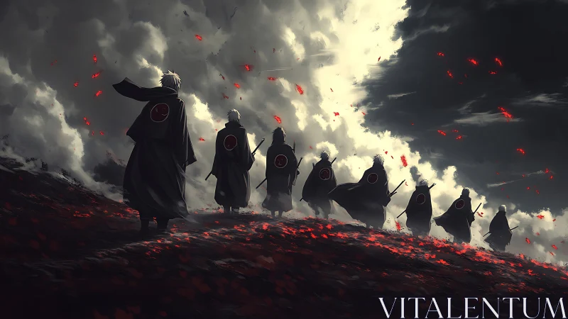 Warriors advancing through crimson storm on dark ridge.