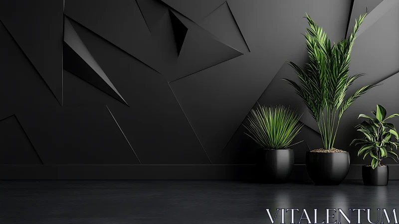Minimalist black interior with geometric wall and plants.