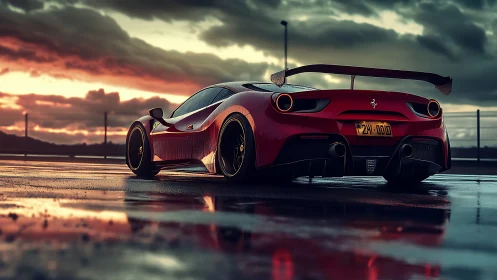 Red sports car on wet track at dramatic sunset.