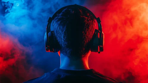 Immersed gamer listens deeply in bold blue and red light