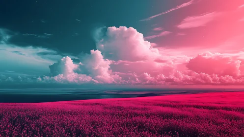 Neon magenta field under cyan sky with volumetric storm clouds