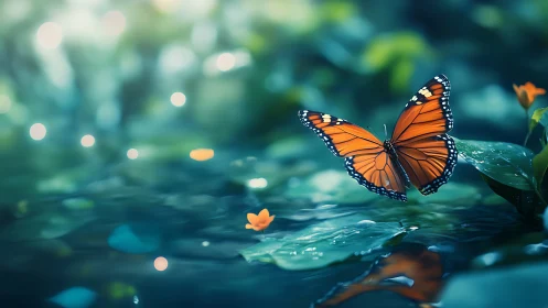 Vibrant Monarch Butterfly Resting on Leaf in Dreamy Nature Scene.