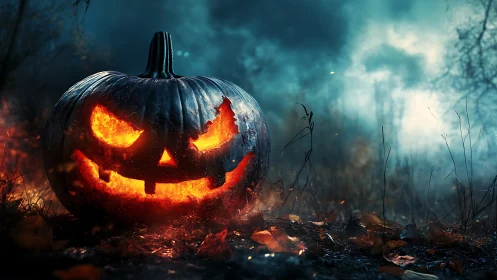 Midnight jack o lantern grins while the forest holds its breath